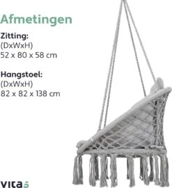 Vita5 Macramé Hangstoel - Voor Binnen En Buiten - Zonder Standaard - Incl. Kussen, Boekenvak En Beschermhoes - Tot 150kg - Grijs -Tuinmeubilair Verkoopwinkel 1099x1200