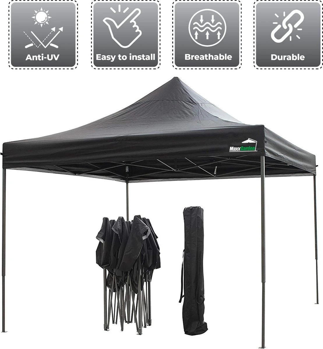 MaxxGarden Easy-up Partytent - 3x3m - Standaard - Waterdicht - Opvouwbaar - Inclusief Draagtas - Zwart 4 MaxxGarden Easy-up Partytent - 3x3m - Standaard - Waterdicht - Opvouwbaar - Inclusief Draagtas - Zwart - Afbeelding 4