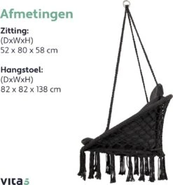 Vita5 Macramé Hangstoel - Voor Binnen En Buiten - Zonder Standaard - Incl. Kussen, Boekenvak En Beschermhoes - Tot 150kg - Zwart -Tuinmeubilair Verkoopwinkel 1124x1200