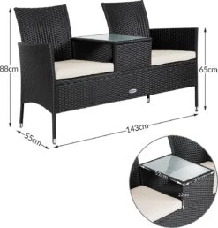 Casaria Polyrattan Tuinbank - Incl. Kussen - 143x55x88 Cm Zwart -Tuinmeubilair Verkoopwinkel 1150x1200