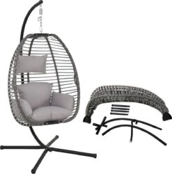 Pro Garden Lowander Hangstoel Egg 191x126x126- Schommelstoel Met Rattan Cocoon En Robuust Stalen Standaard Incl. Kussens - Volledig Inklapbaar - Lichtgrijs -Tuinmeubilair Verkoopwinkel 1185x1200 2