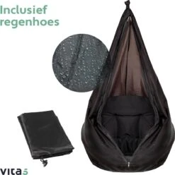 Vita5 Macramé Hangstoel - Voor Binnen En Buiten - Zonder Standaard - Incl. Kussen, Boekenvak En Beschermhoes - Tot 150kg - Zwart -Tuinmeubilair Verkoopwinkel 1194x1200