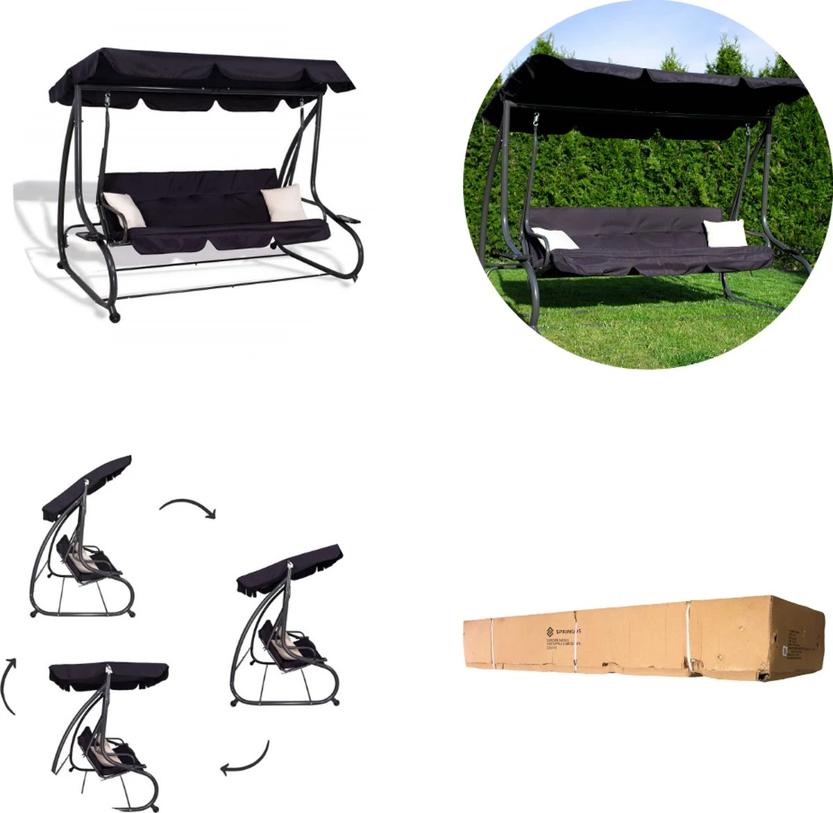 Springos Schommelbank | Linda-Schommel | 3-zits | Waterafstotend | Inclusief 2 Kussens | Verstelbare Luifel | 162 X 200 X 120 Cm | Zwart 4 Springos Schommelbank | Linda-Schommel | 3-zits | Waterafstotend | Inclusief 2 Kussens | Verstelbare Luifel | 162 X 200 X 120 Cm | Zwart - Afbeelding 4