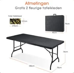 Lenx Klaptafel - Inklapbare Tafel - Opvouwbare Tuintafel - Vouwtafel - Inclusief Handvat En 2 Tafelkleden - 180x75x74cm - 6 Tot 8 Personen -Tuinmeubilair Verkoopwinkel 1200x1179 1