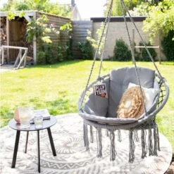 Vita5 Macramé Hangstoel - Voor Binnen En Buiten - Zonder Standaard - Incl. Kussen, Boekenvak En Beschermhoes - Tot 150kg - Grijs -Tuinmeubilair Verkoopwinkel 1200x1200 130
