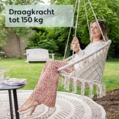 Vita5 Macramé Hangstoel - Voor Binnen En Buiten - Zonder Standaard - Incl. Kussen, Boekenvak En Beschermhoes - Tot 150kg - Beige -Tuinmeubilair Verkoopwinkel 1200x1200 211