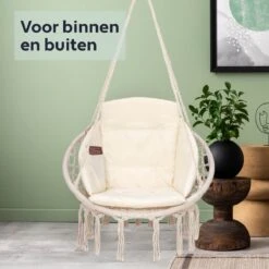 Vita5 Macramé Hangstoel - Voor Binnen En Buiten - Zonder Standaard - Incl. Kussen, Boekenvak En Beschermhoes - Tot 150kg - Beige -Tuinmeubilair Verkoopwinkel 1200x1200 212