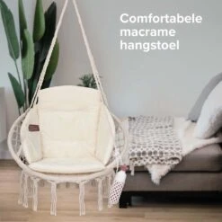 Vita5 Macramé Hangstoel - Voor Binnen En Buiten - Zonder Standaard - Incl. Kussen, Boekenvak En Beschermhoes - Tot 150kg - Beige -Tuinmeubilair Verkoopwinkel 1200x1200 214