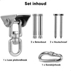 Luxe Ophangsysteem - 180° Schommelen, 360° Roteerbaar - Plafondhaak - Ophanghaak - Hangstoel Buiten - Hangstoel Binnen – Schommelstoel - Schommel - Bokszakken - RVS - Nederlandse Handleiding - 21 Luxe Ophangsysteem - 180° Schommelen, 360° Roteerbaar - Plafondhaak - Ophanghaak - Hangstoel Buiten - Hangstoel Binnen – Schommelstoel - Schommel - Bokszakken - RVS - Nederlandse Handleiding - -Tuinmeubilair Verkoopwinkel 1200x1200 23