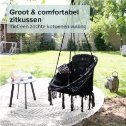 Vita5 Macramé Hangstoel - Voor Binnen En Buiten - Zonder Standaard - Incl. Kussen, Boekenvak En Beschermhoes - Tot 150kg - Zwart -Tuinmeubilair Verkoopwinkel 1200x1200 40