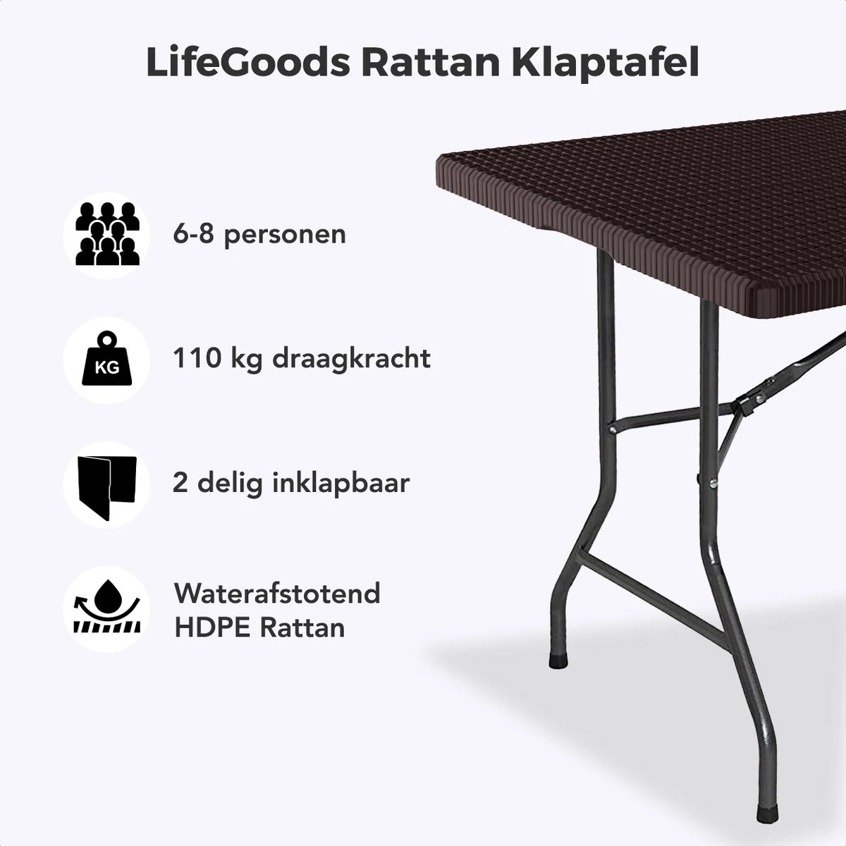 LifeGoods Klaptafel - Inklapbaar - 180 Cm - 6 Tot 8 Personen - Bruin 2 LifeGoods Klaptafel - Inklapbaar - 180 Cm - 6 Tot 8 Personen - Bruin - Afbeelding 2