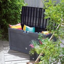 Opbergbox 310L UV-Bestendig Weerbestendig Wielen Tuinbox Rotan-look Antraciet -Tuinmeubilair Verkoopwinkel 1200x1200 620