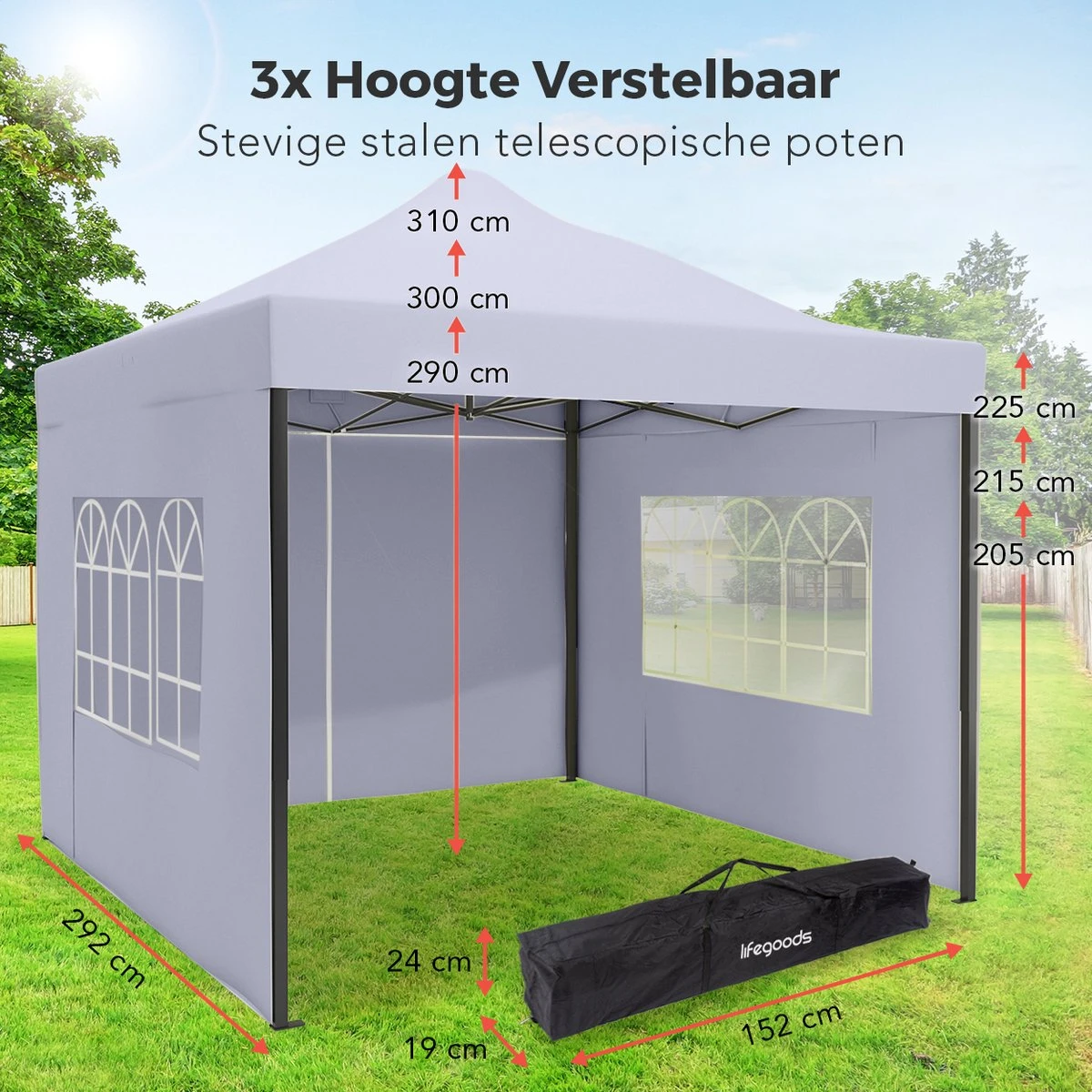 LifeGoods Partytent - 3x3 M - Zijwanden - Easy Up - Opvouwbaar - Waterdicht - Draagtas Met Wieltjes - Donkergrijs 12 LifeGoods Partytent - 3x3 M - Zijwanden - Easy Up - Opvouwbaar - Waterdicht - Draagtas Met Wieltjes - Donkergrijs - Afbeelding 12