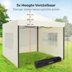 LifeGoods Partytent - 3x3 M - Zijwanden - Easy Up - Opvouwbaar - Waterdicht - Draagtas Met Wieltjes - Beige -Tuinmeubilair Verkoopwinkel 1200x1200 760