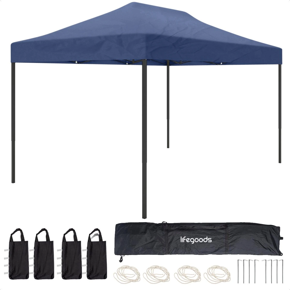 LifeGoods Partytent - 3x4.5 M - Easy Up - Opvouwbaar - Waterdicht - Draagtas Met Wieltjes - Donkerblauw 1 LifeGoods Partytent - 3x4.5 M - Easy Up - Opvouwbaar - Waterdicht - Draagtas Met Wieltjes - Donkerblauw