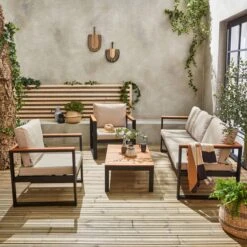 Loungeset 5 Plaatsen Van Aluminium En Eucalyptus – NAZCA – Antraciet Structuur, Lichtgrijs Kussens -Tuinmeubilair Verkoopwinkel 1200x1200 939