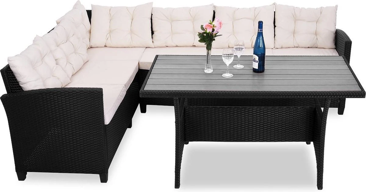 Casaria Polyrattan Tuinset - 15 Delig Voor 6 Personen – Crème Zwart 2 Casaria Polyrattan Tuinset - 15 Delig Voor 6 Personen – Crème Zwart - Afbeelding 2