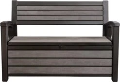 Keter - Hudson Bench Box - 2-zits Bank - Opbergbox - Hout Look & Feel - 227L - 138x63x89cm - Antraciet -Tuinmeubilair Verkoopwinkel 1200x822