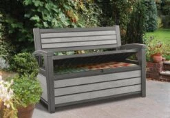 Keter - Hudson Bench Box - 2-zits Bank - Opbergbox - Hout Look & Feel - 227L - 138x63x89cm - Antraciet -Tuinmeubilair Verkoopwinkel 1200x832