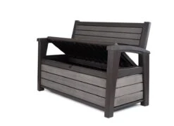 Keter - Hudson Bench Box - 2-zits Bank - Opbergbox - Hout Look & Feel - 227L - 138x63x89cm - Antraciet -Tuinmeubilair Verkoopwinkel 1200x873 1