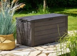 Merkloos Woody Tuin Opbergbox - 324 Liter 45x120x60 Cm - Tuinkussenbox - Antraciet/bruin -Tuinmeubilair Verkoopwinkel 1200x884